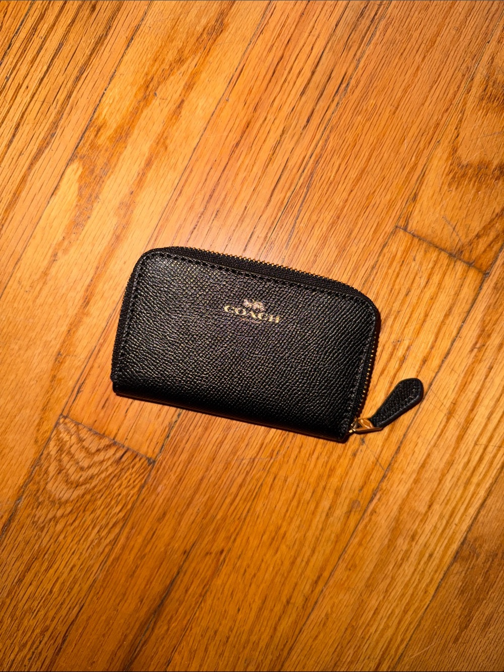 Coach Black Leather Zip Card Case with Gold Logo